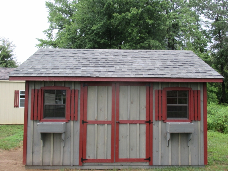 10x14 Manor Shed, Gray siding, Red trim, Weatherwood roof, OPTIONAL FLOWER BOXES, List price $3,520, DISPLAY MODEL $3,168 Chester Springs